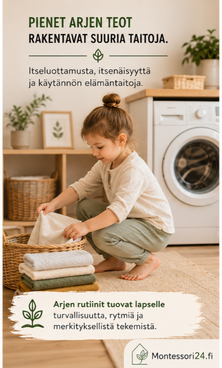 Lapsi taittelee pyykkejä — pienet arjen teot rakentavat suuria taitoja.
