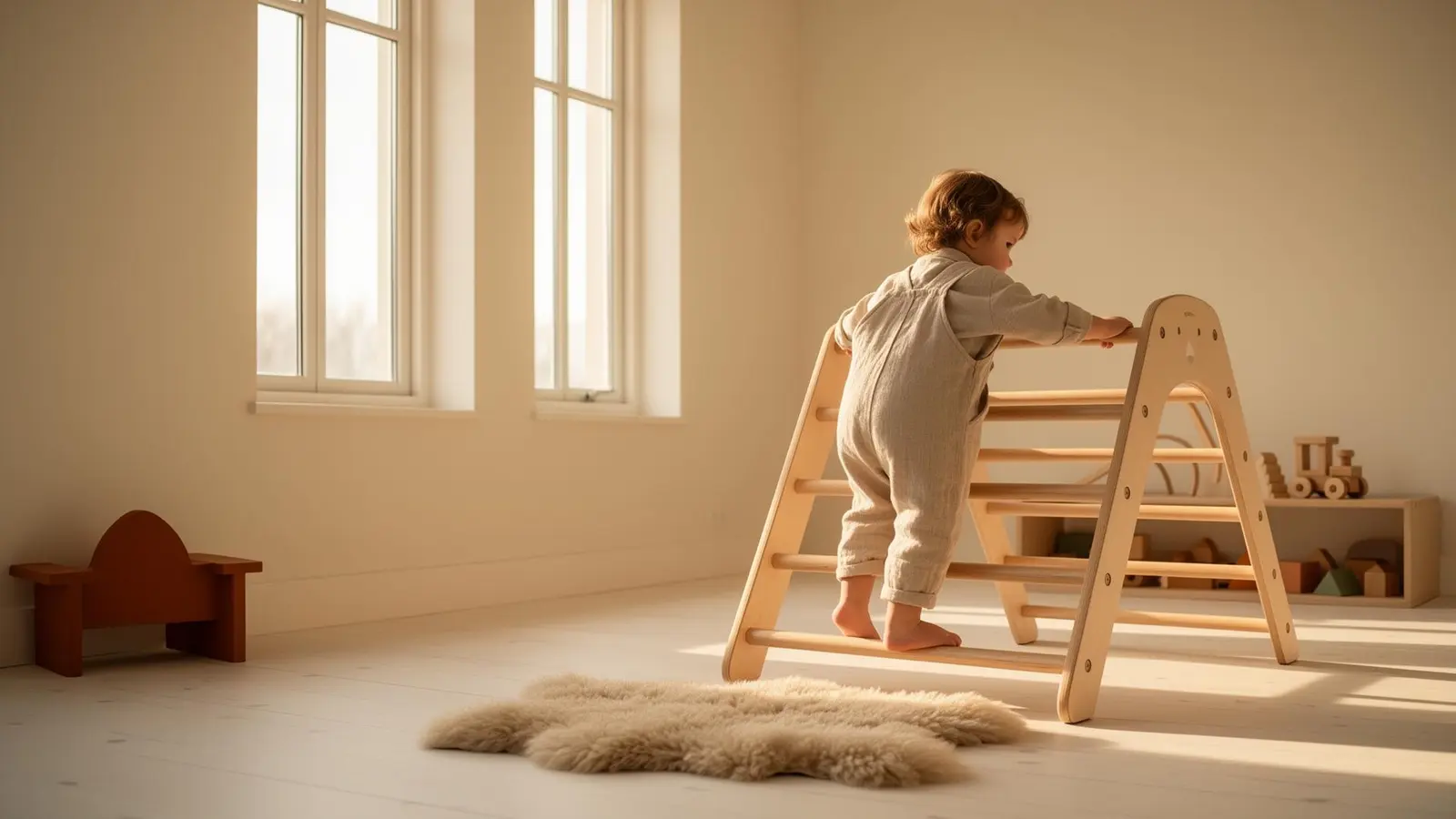Lapsi leikkii Pikler-kolmion ja Montessori-puupalikoiden kanssa valoisassa lastenhuoneessa