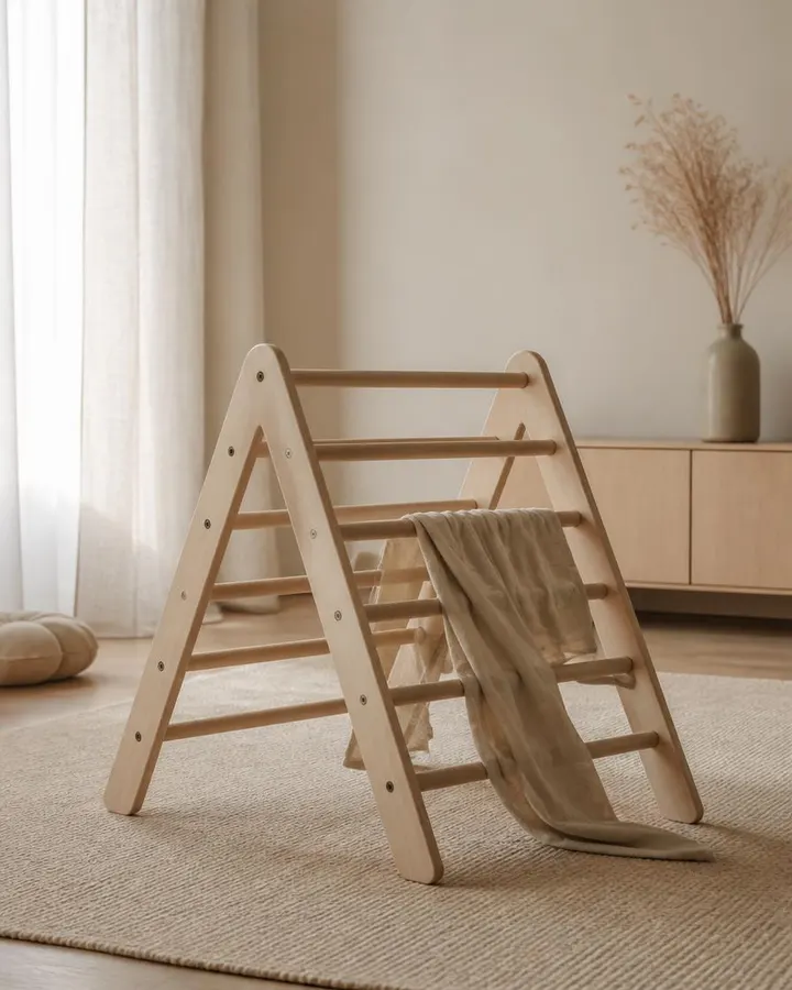 Toddler climbing a handcrafted Pikler triangle in a bright, minimalist nursery