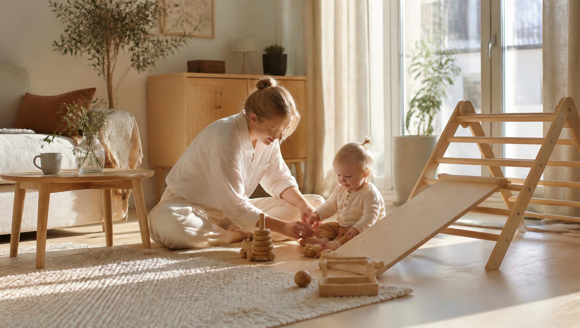 Äiti ja taapero leikkivät yhdessä puisilla Montessori-leluilla auringonpaisteisessa olohuoneessa