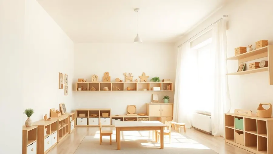 Vaalea skandinaavinen Montessori-luokkahuone ikkunanvalossa