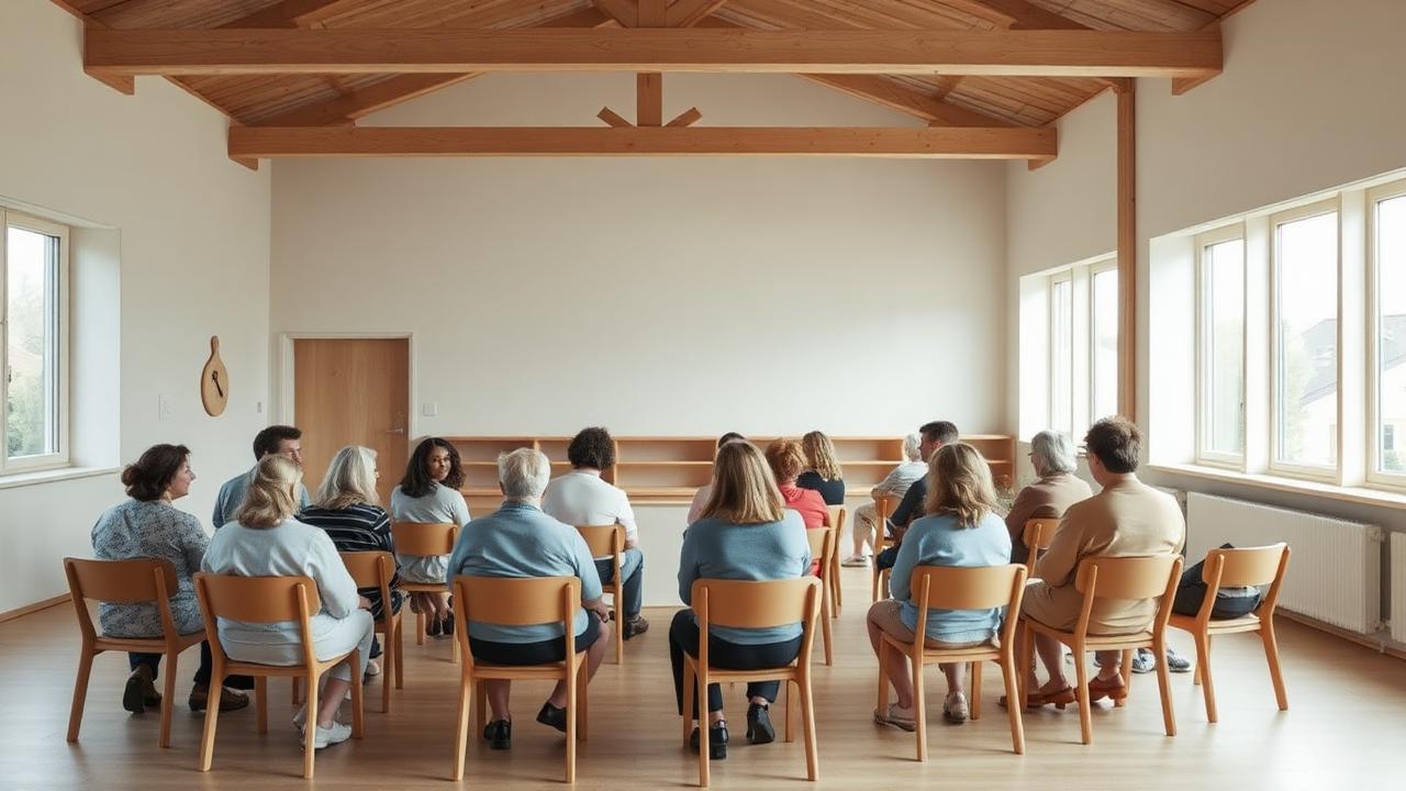 Vaalea pohjoismainen konferenssisali, jossa osallistujat keskustelevat